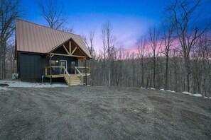 A rustic cabin with a metal roof and wooden deck, surrounded by a forested area.