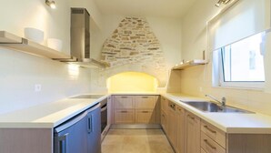 A modern kitchen with a stone arch, built-in appliances, and ample counter space. - Leny's Seafront House (Panormos)
