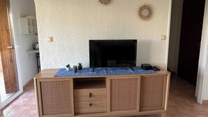 A living room with a TV on a wooden cabinet, two wall decorations, and a sliding door. - Apartment with large terrace, close to beaches, center and tourist sites! (Hyères)