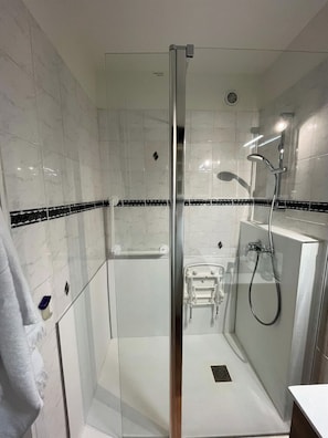 Een douche, een haardroger, een bidet, handdoeken