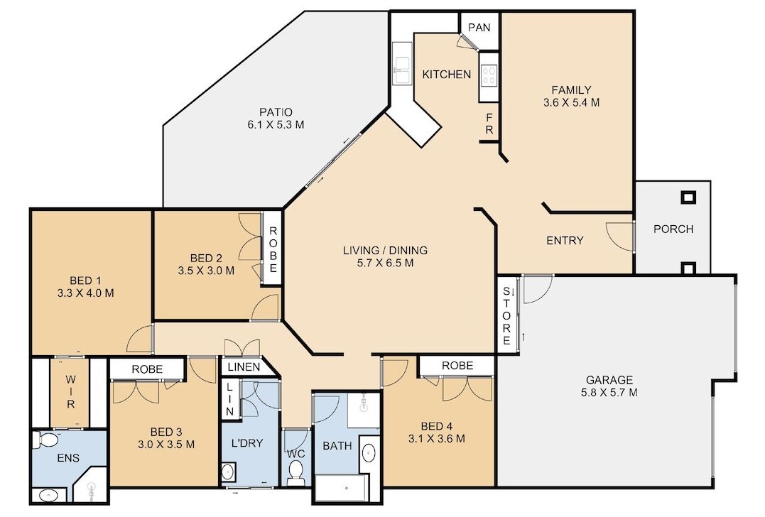 A floor plan of a house with four bedrooms, a living/dining area, a kitchen, a bathroom, a garage, a porch, and a patio.