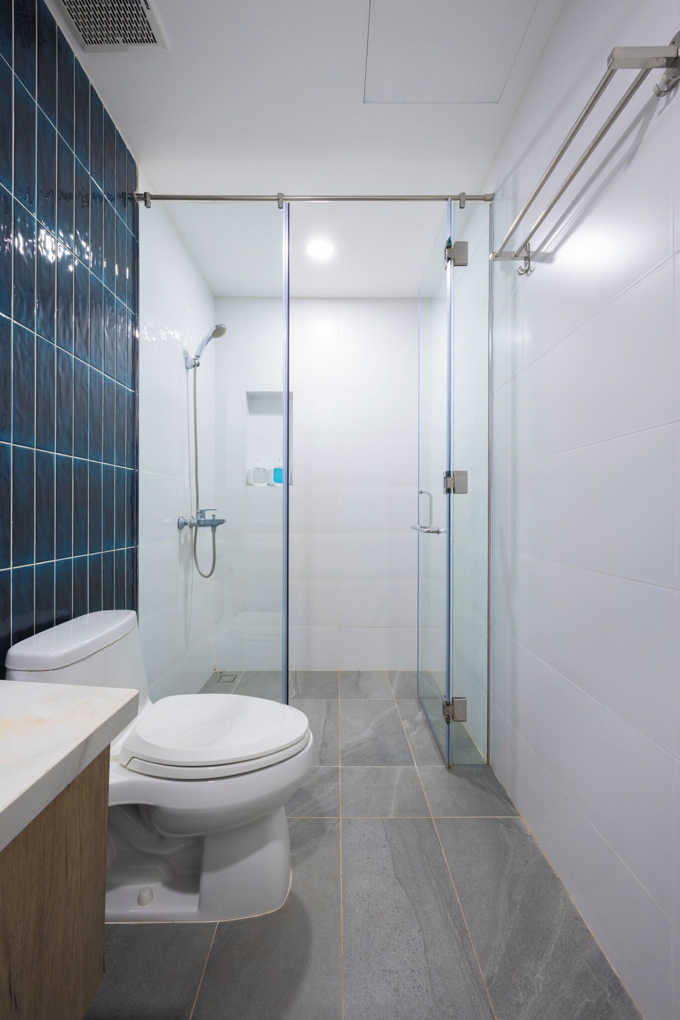 A modern bathroom with a glass-enclosed shower, a white toilet, and a tiled floor.
