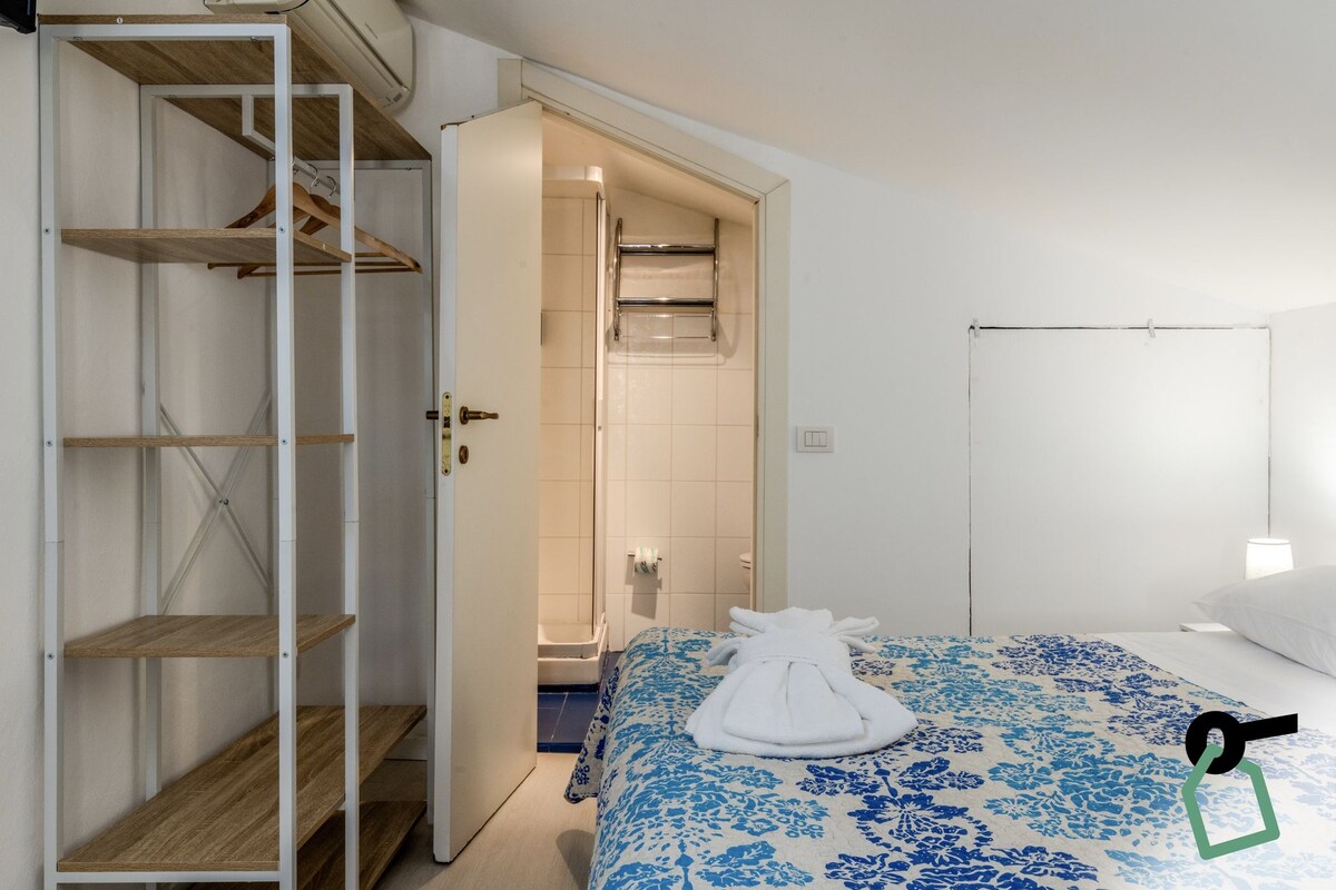 A room with a bed, a wardrobe, and a bathroom.