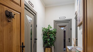 A hallway with wooden doors, a potted plant, and a table with magazines. - Northern Blues (Rijeka)