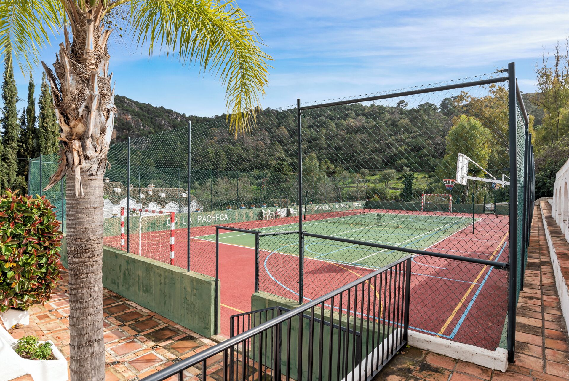 Cancha de tenis con una red, rodeada por una valla y palmeras.