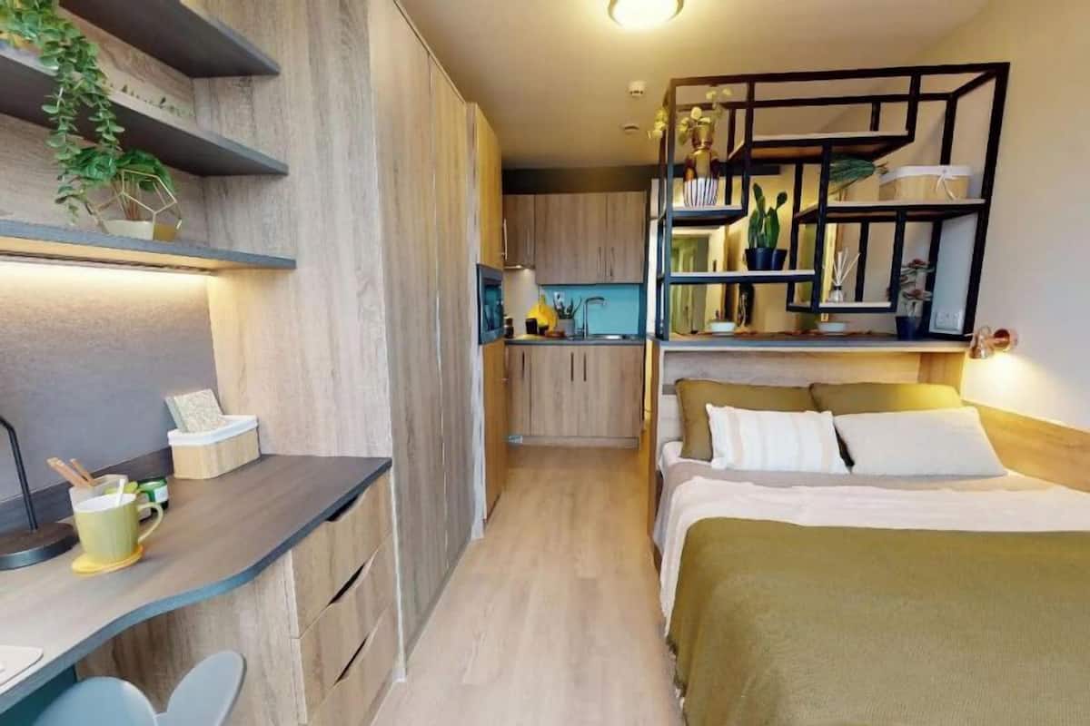 Une chambre d’hôtel compacte comprenant un coin cuisine, un lit avec une tête de lit, un bureau avec une chaise et des étagères ornées de plantes.