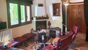 Un salon chaleureux avec une cheminée, des meubles en bois et une vue sur la verdure environnante.