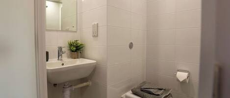 A bathroom with a sink, mirror, toilet, and a towel on the toilet.