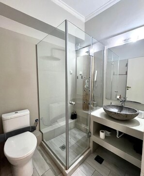A modern bathroom with a glass-enclosed shower, a white toilet, and a sink with a stone basin.