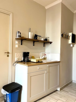 Una kitchenette compacta con una encimera, una cafetera, un lavamanos y un cubo de basura.