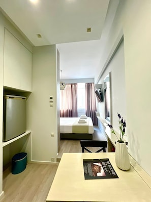 Une chambre d’hôtel avec un lit, un bureau sur lequel est posée une brochure d’accueil, une télévision et une petite plante.
