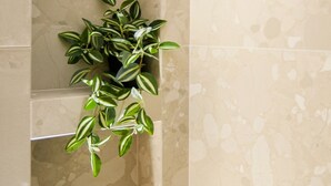 A bathroom with a marble wall and a shelf with a potted plant. - The Acropolis Erenest (Athens)
