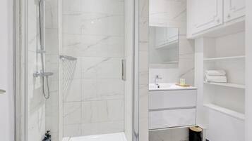 Shower, hair dryer, towels