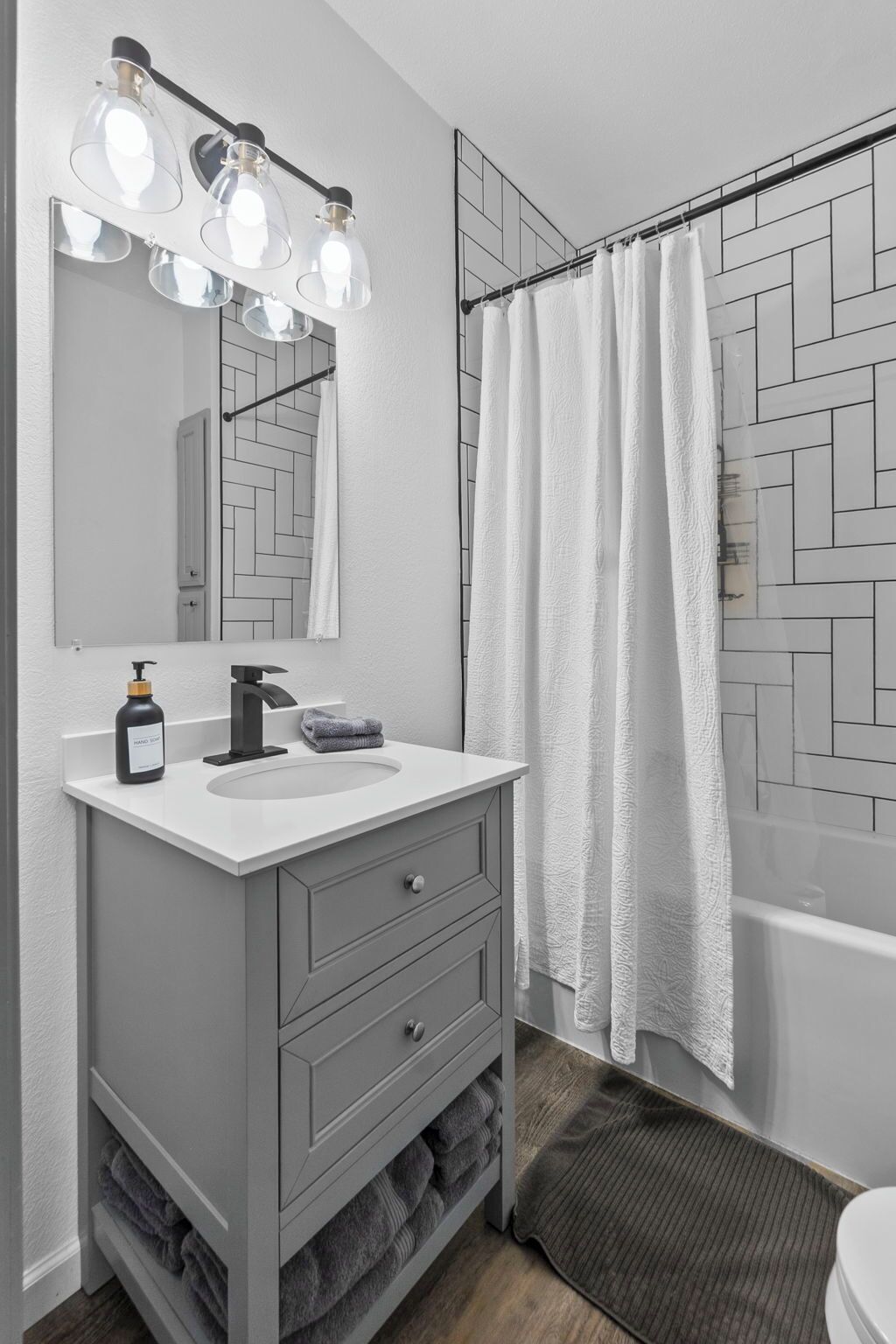 Hair dryer, towels, soap, shampoo