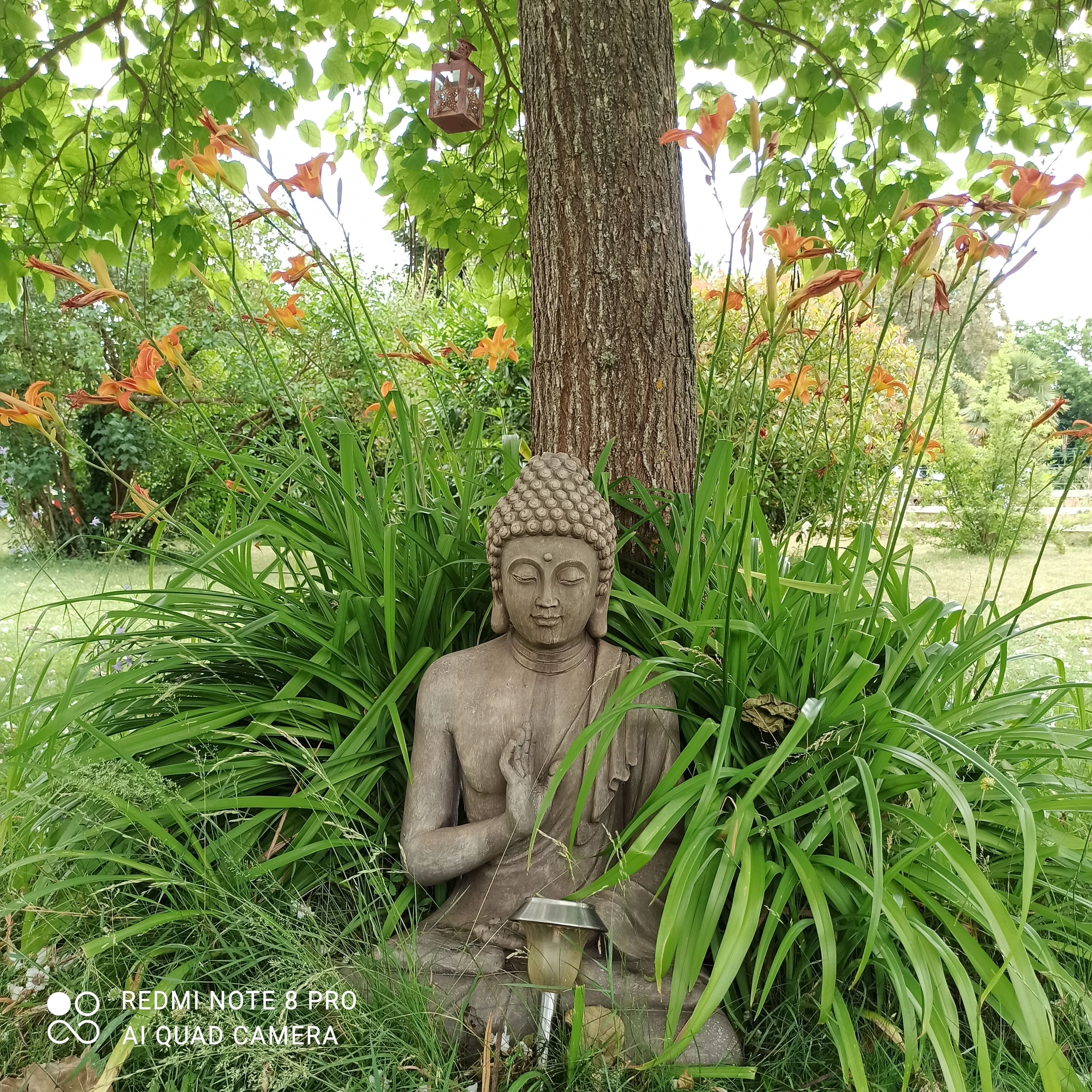 En statue af en siddende figur omgivet af frodigt grønt og orange blomster.