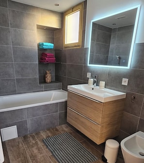 Shower, hair dryer, bidet, towels