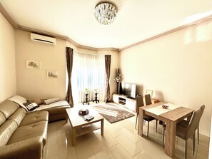 Een smart-tv, een open haard, een dvd-speler en een filmbibliotheek