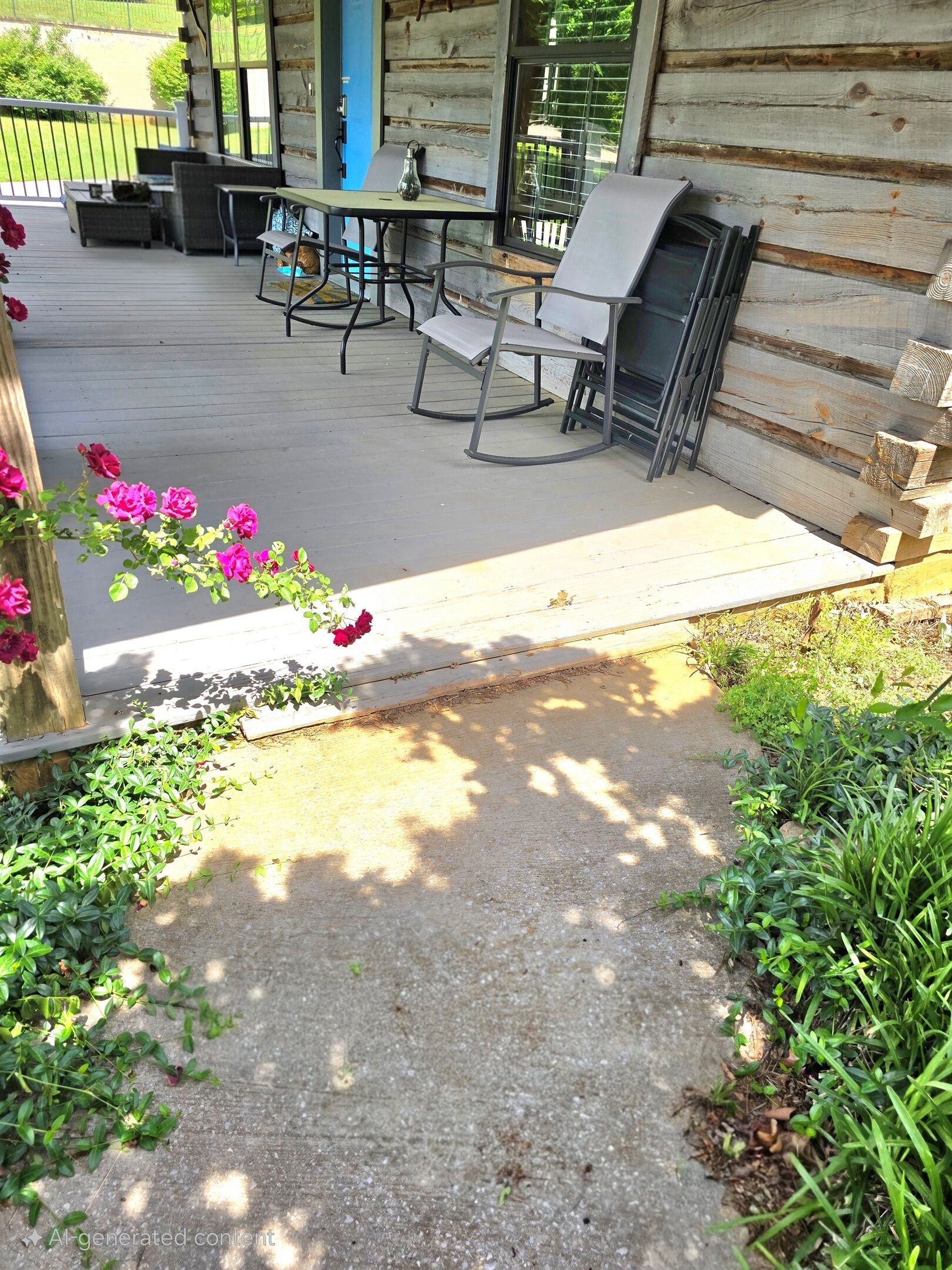 A wooden deck with outdoor furniture, a grill, and a garden area with flowers.