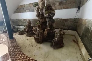 Una habitación con pared de piedra y estructura de madera rústica que recuerda a un árbol.