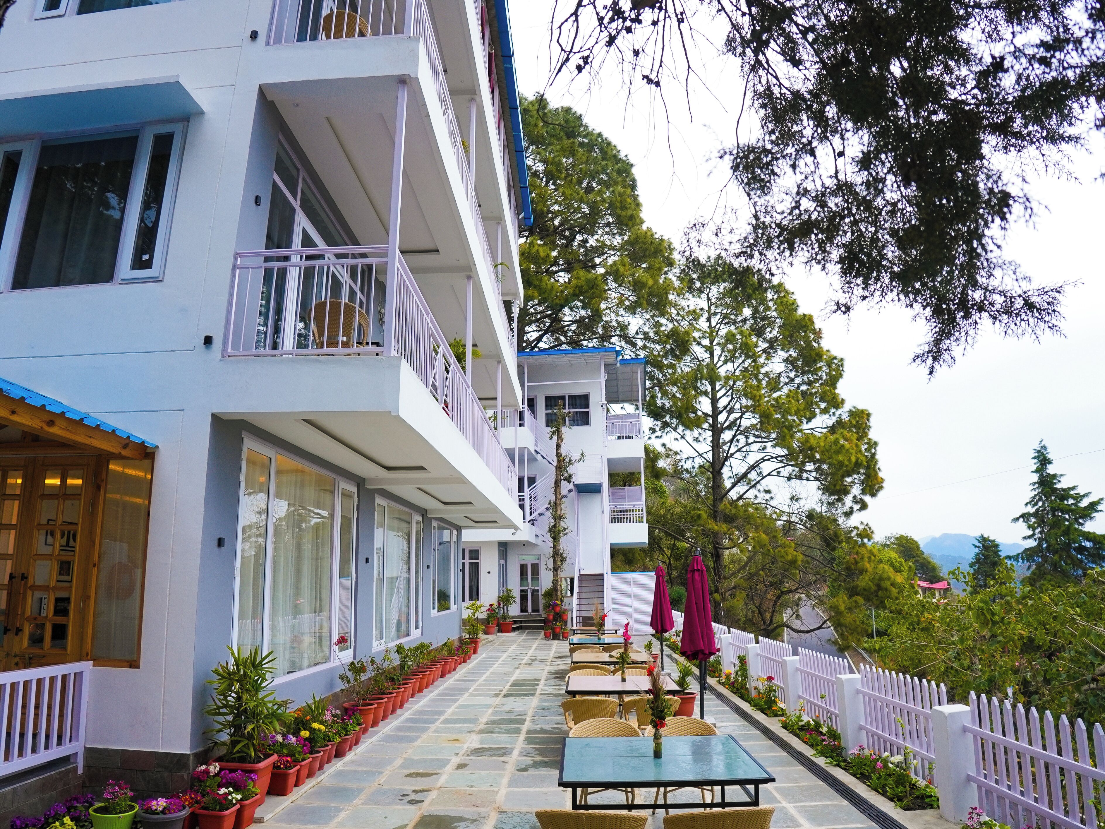A hotel with outdoor seating, potted plants, and a white fence.