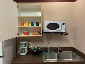Full-sized fridge, microwave