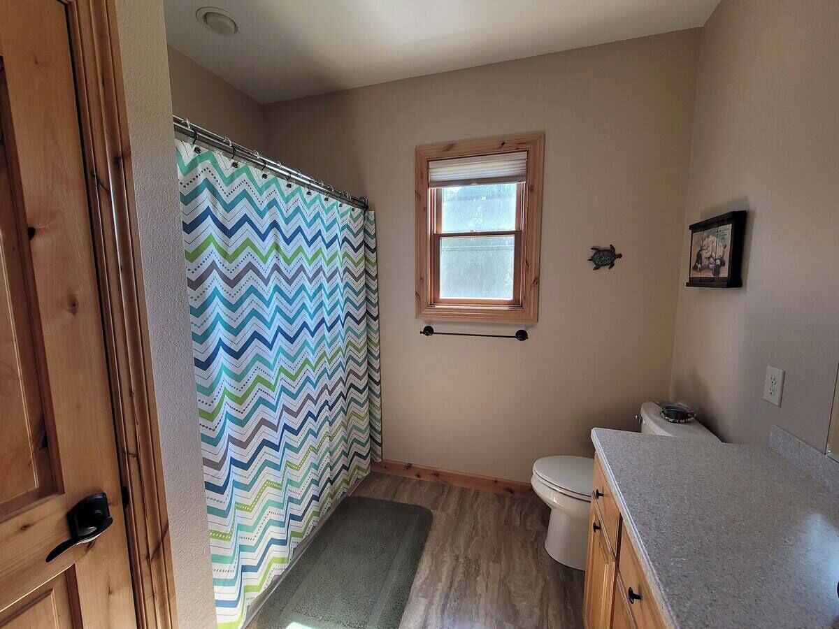 A bathroom with a shower curtain, a window, a toilet, and a countertop.