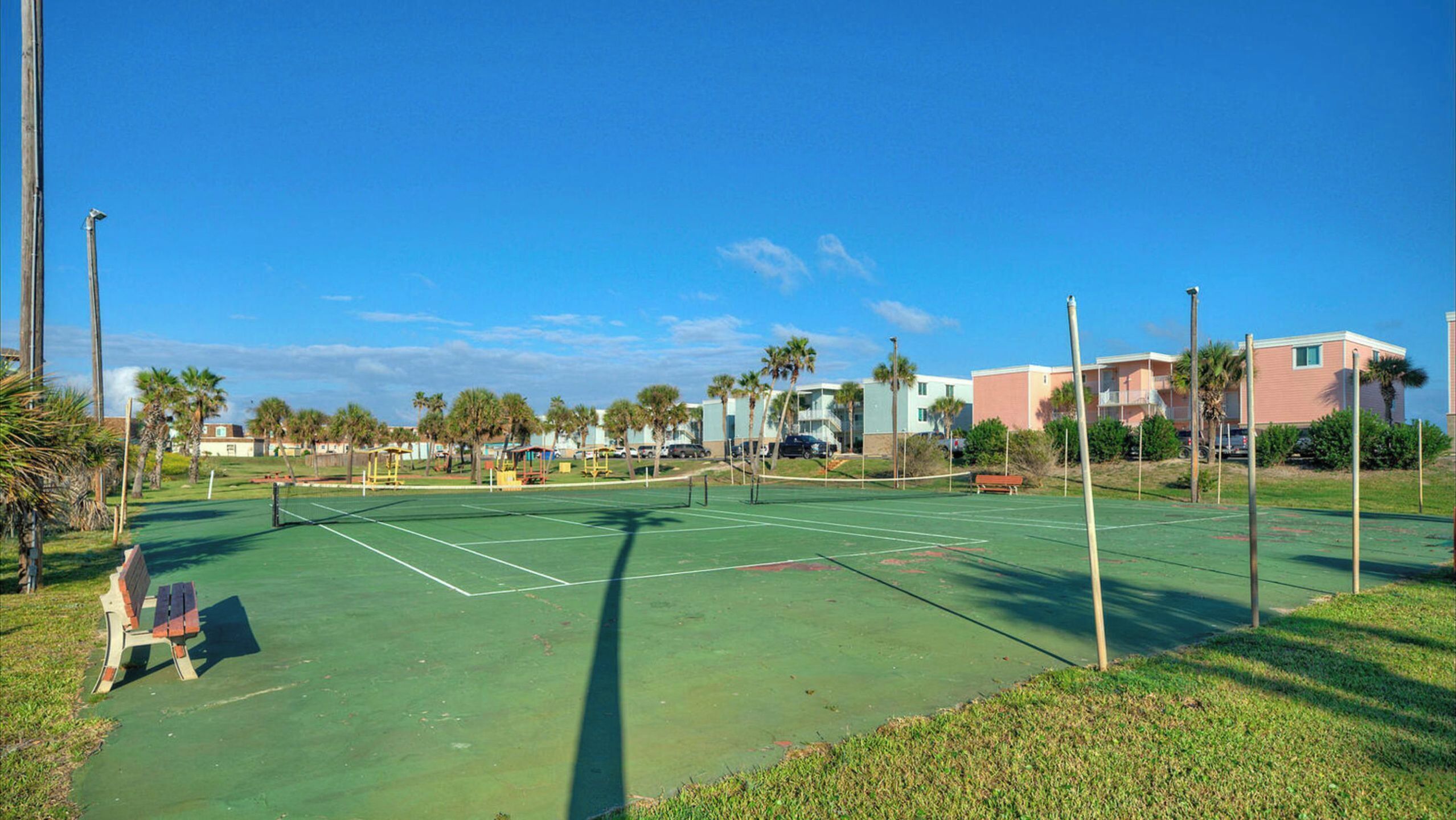 A tennis court with a net, benches, and palm trees.