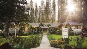 A hotel with a pathway leading to the entrance, surrounded by lush greenery and tall trees. - Hotel Lanai (Lanai City)