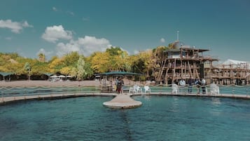 Ein klares Schwimmbecken mit einer zentralen Insel, umgeben von einer Holzterrasse und einer Aussichtsturm-artigen Struktur.