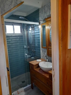Regadera, secadora de cabello, jabón, papel de baño