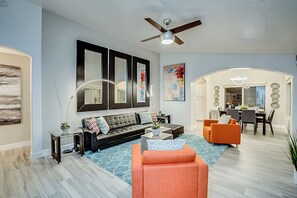 Smart TV, fireplace, books