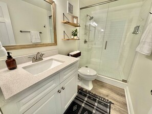 Eco-friendly toiletries, hair dryer, towels