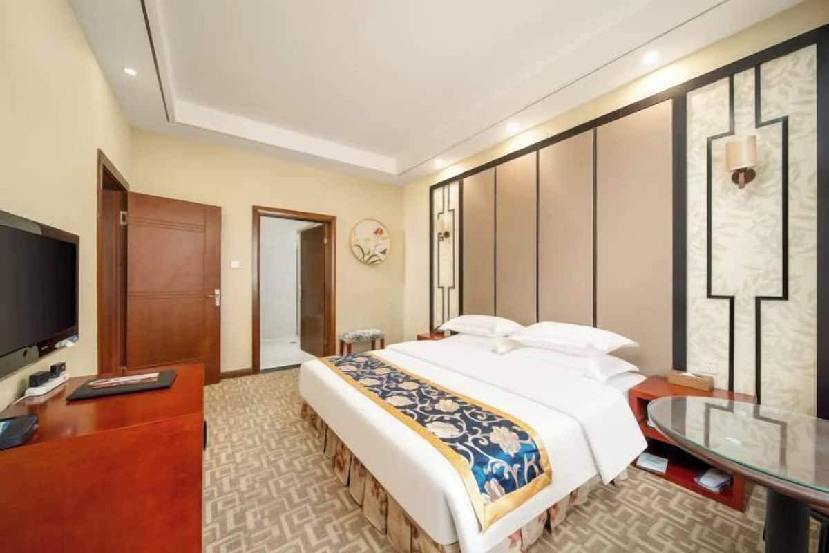 Una habitación de hotel con cama, mesita de noche, televisor, escritorio y espejo.