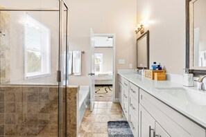 Shower, hair dryer, towels, soap - Spacious 3BR with King Beds & Personal TVs in Raleigh! (Raleigh)