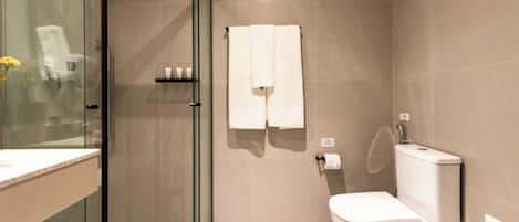 A modern bathroom with a glass shower enclosure, a toilet, and a sink with a towel rack.