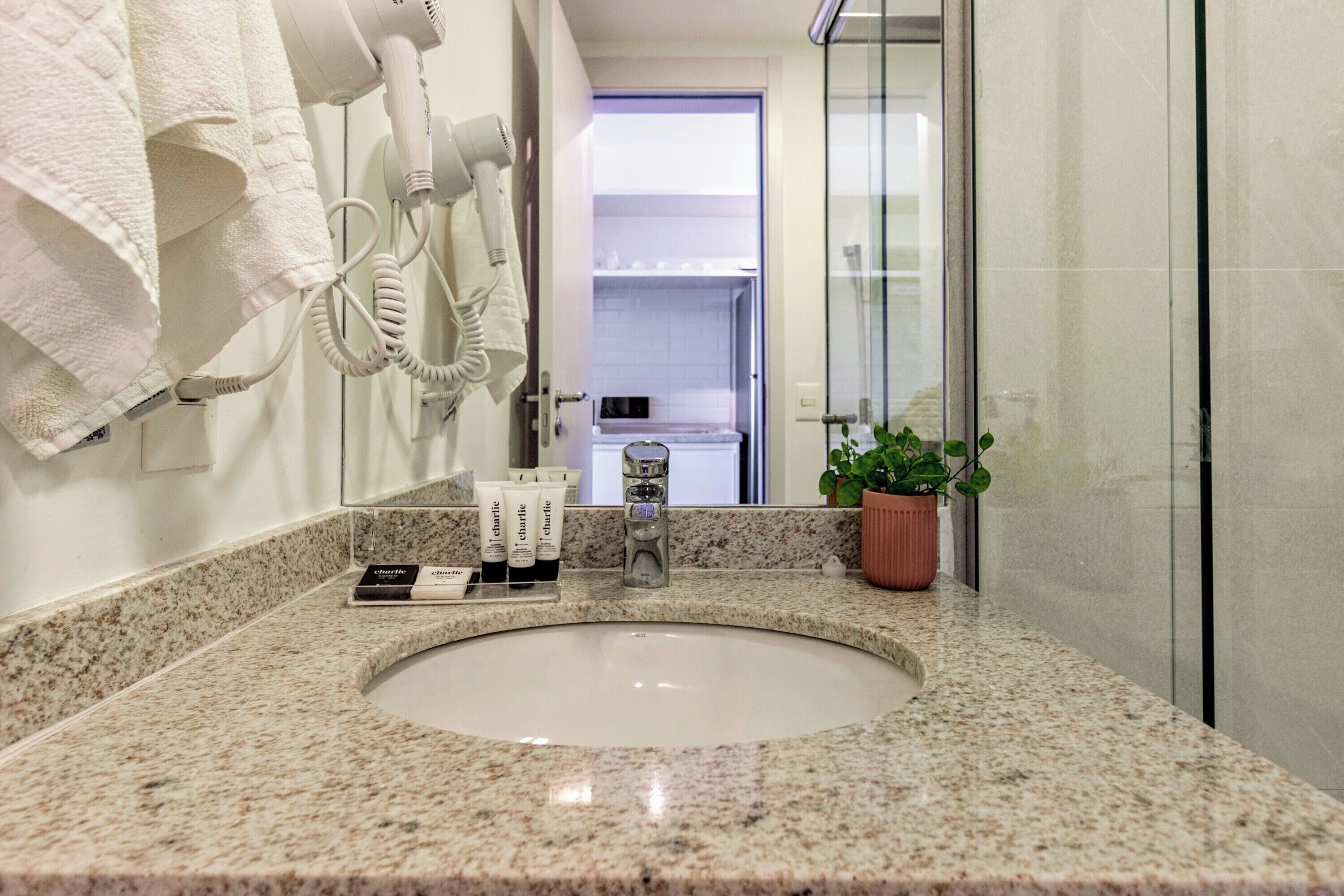Un baño con encimera de granito, un lavamanos, un secador de pelo y una planta en maceta.