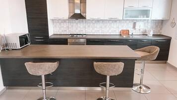 Family Apartment, City View | Private kitchen | Full-size fridge, microwave, oven, cookware/dishes/utensils