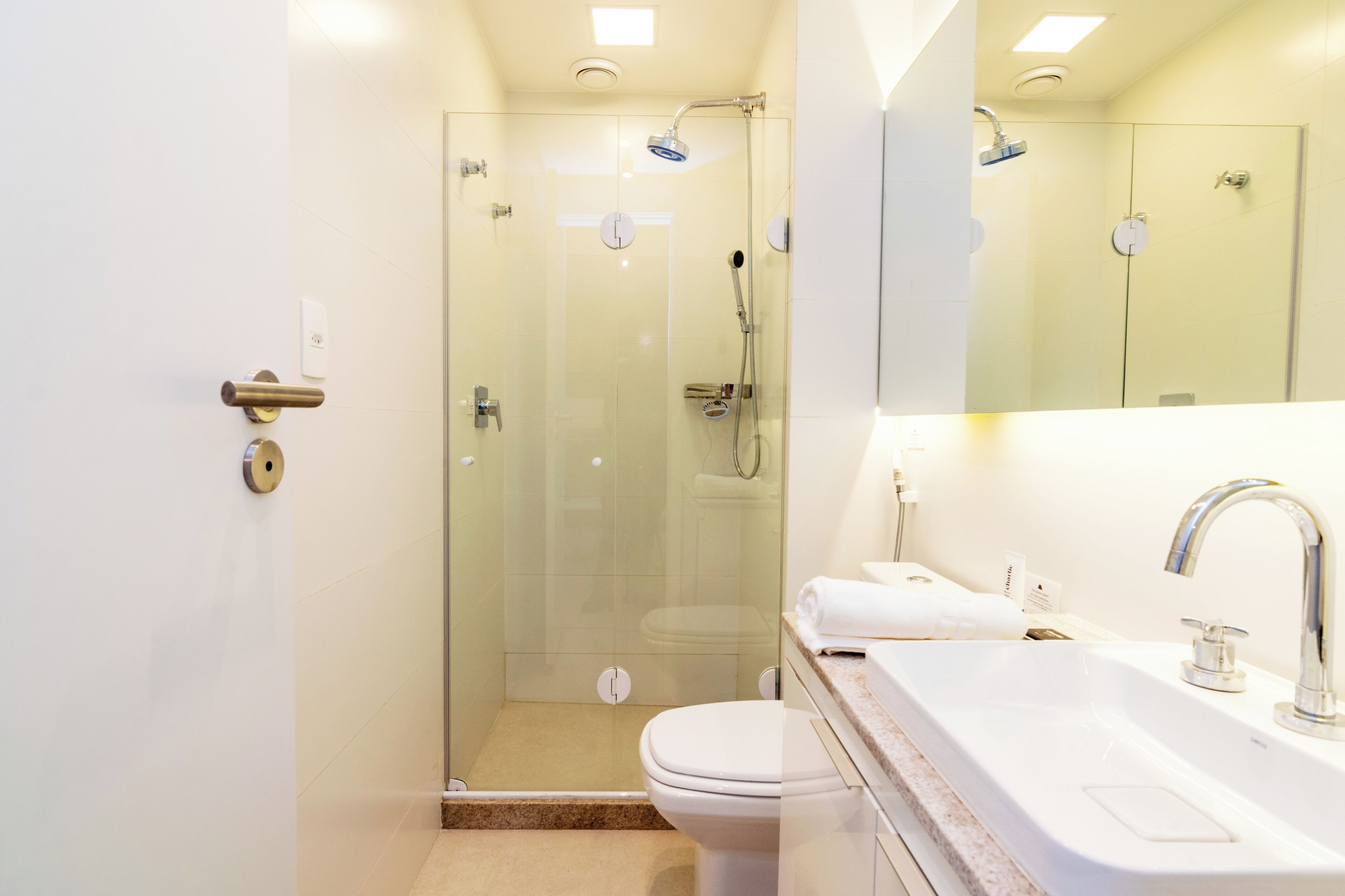A modern bathroom with a glass-enclosed shower, a white toilet, and a sink with a mirror above it.