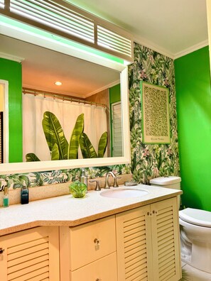 Shower, towels, soap, toilet paper