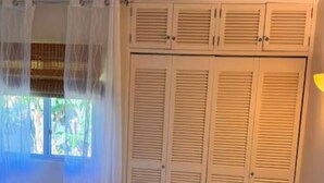 A bedroom with a bed, a window with curtains, a closet with louvered doors, and a rug. - Tropical Tranquility in Jamaica (Richmond Estate)