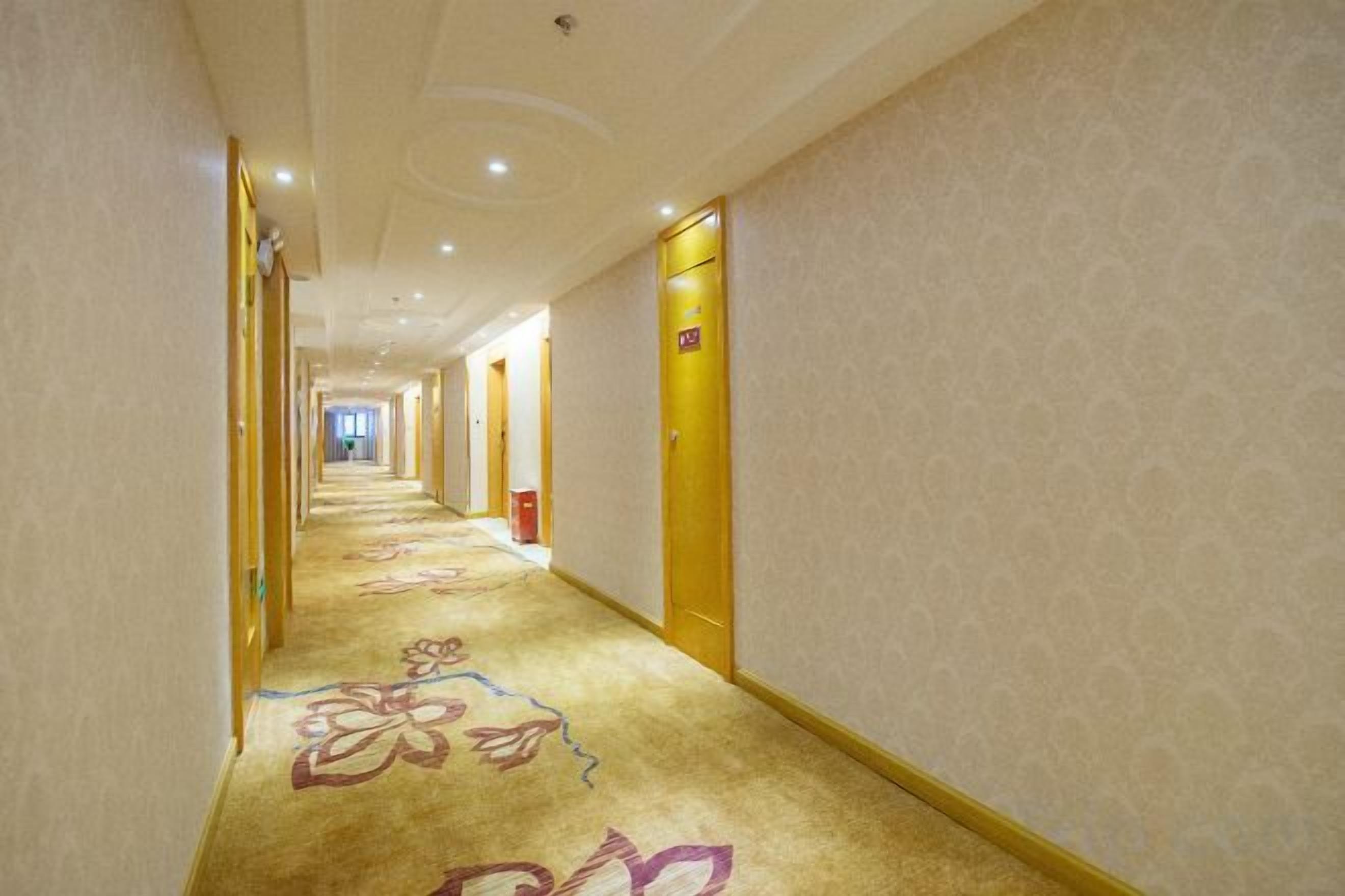Un couloir d'hôtel avec des revêtements de sol en moquette, des portes des deux côtés et un mur orné de motifs.