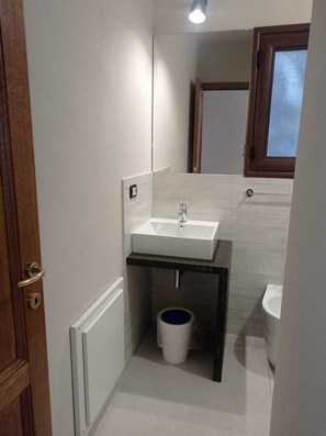 Bidet, towels, soap, shampoo