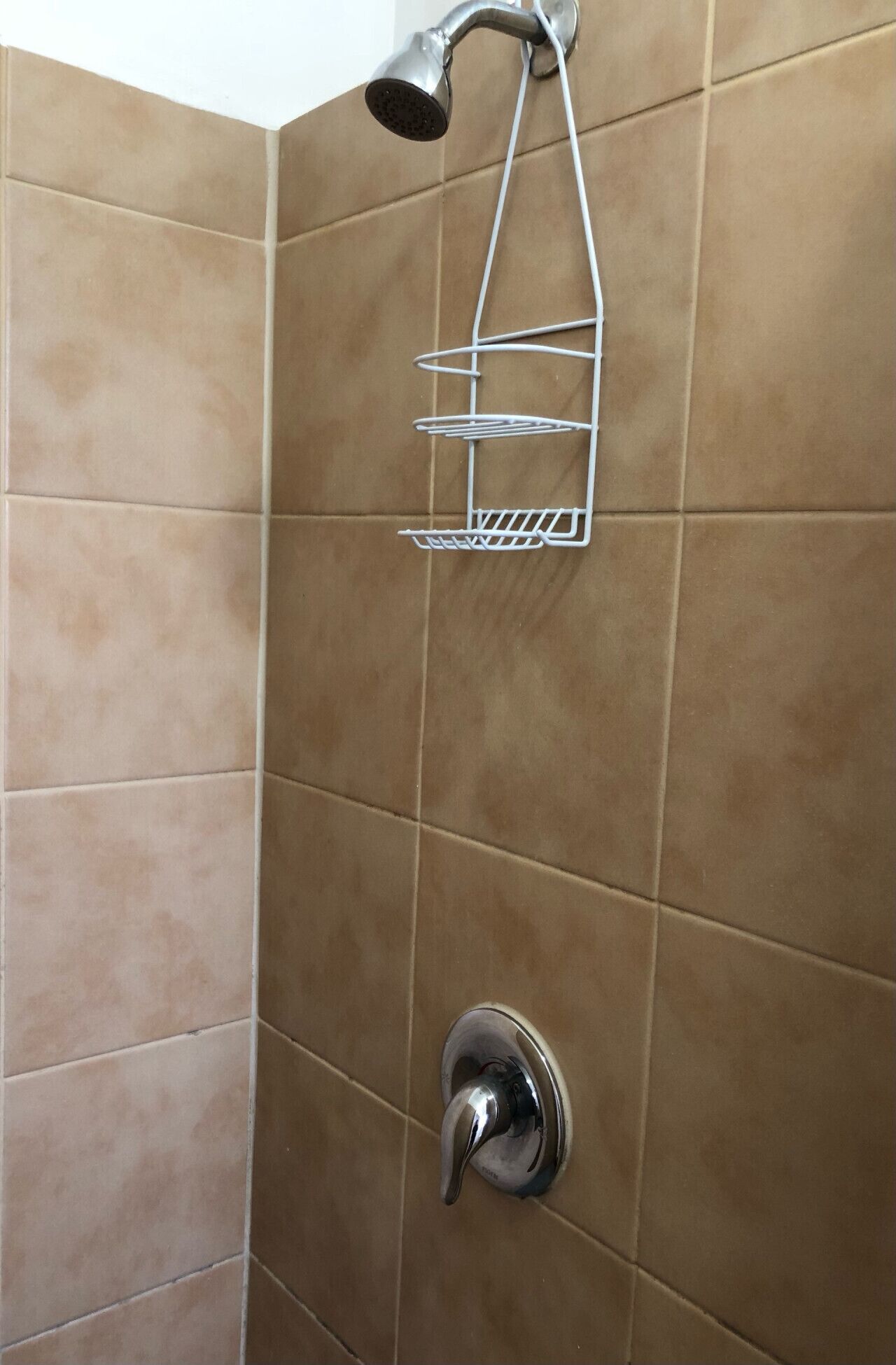 A shower area with a wall-mounted showerhead and a chrome faucet.