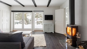 A modern living room with a fireplace, a sofa, a white rug, and a television. - Dream Cottage in the Stockholm Archipelago (Djurhamn)