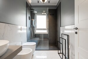 Ducha, secador de pelo, bidé y toallas