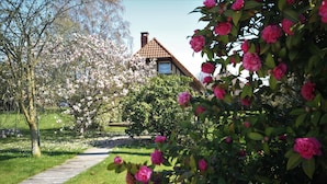 A garden pathway leading to a house with a tiled roof and a chimney. - Gîtes de France® - L'Auge Normande (AVREMESNIL)