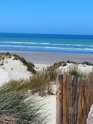 Una playa con dunas y una valla de madera al frente.