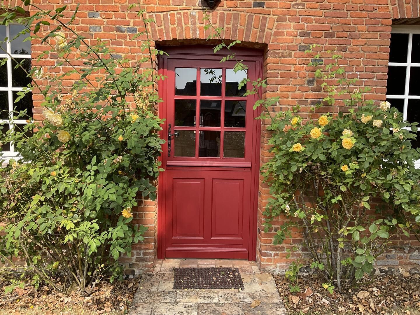 A red door with a window above it, surrounded by green foliage and yellow flowers.