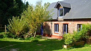 Una casa de ladrillo con techo inclinado, puerta azul y un pequeño jardín con un árbol y plantas en macetas.