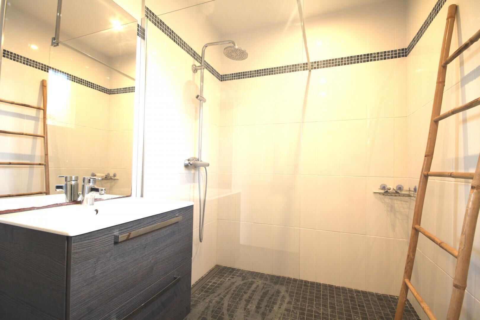 Une salle de bain moderne avec une douche, un meuble-lavabo avec un miroir et une échelle en bois.